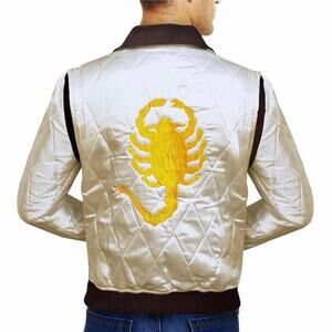 Drive Scorpion Ivory Satin Slim Fit Ryan Gosling Bomber Jacket Size XL Quilted